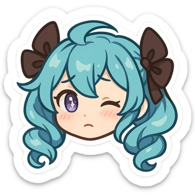 Gwen from League of Legends, chibi emote style, only head visible, right eye purple, shy expression, subtle sparkle in eyes, cute and expressive sticker