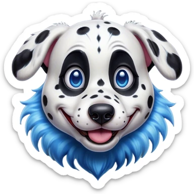 Cinematic Comical Harlequin Dalmatian Portrait Emoji, Head tilted dramatically with an exaggeratedly shocked or amused expression, featuring a striking Fur of predominantly white with vivid black patches, wide, expressive blue eyes filled with playful disbelief, Simplified yet hilariously expressive features, highly detailed, glowing with a slightly sassy glow, high shine, dramatic yet playful, stylized with an air of cheeky charm, bright and endearing, soft glowing outline, capturing the essence of a spirited and over-the-top guardian, so meme-worthy it feels like it could side-eye its way into internet fame instantly! sticker