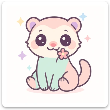 kawaii cartoon baby ferret, sitting with a tiny flower in its mouth, sparkly eyes, pastel colors, simple background sticker