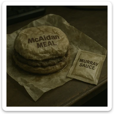 A close-up of a soggy 'Mcaidan' meal and a side of 'Murray Sauce' on a desk, with clear labels on the wrappers. The food looks unappetizing and depressing, emphasizing a gloomy mood. sticker