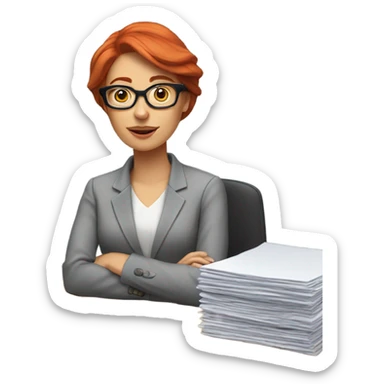 red hair woman wearing glasses desk monitor stack paper sticker