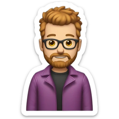 white man with brown beard and pink mohawk haircut and thick glasses wearing a leather coat sticker