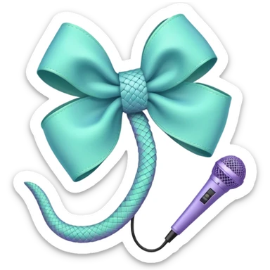 A pastel blue bow with a pastel a pastel green snake at the top of one side and a pastel purple microphone on the bottom of the other side of the bow sticker