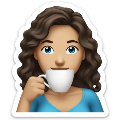 smiling woman with dark brown shoulder length wavy hair and blue eyes drinking coffee sticker