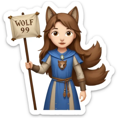 Medieval wolf girl holding a banner that say #Wolf99 sticker