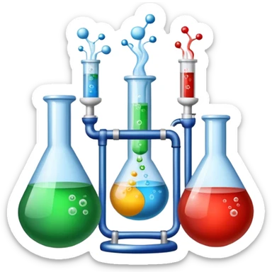 An icon featuring chemical flasks with tubes, representing hydrolysis, along with liquids, powders, and chemical formulas. The design includes molecules and reaction symbols, symbolizing the study of chemical processes and compounds. Transparent background highlights the science of reactions. sticker