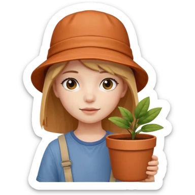 young girl wearing bucket hat, holding a plant pot sticker