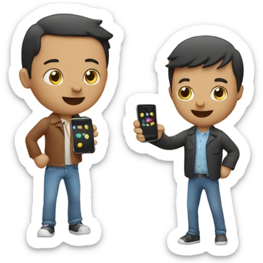 two friends with smartphone showing charts sticker