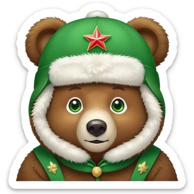 Cute brown bear with bright green eyes wearing a white fluffy Russian ushanka hat with clear Russian Federation emblem in the middle, iOS emoji style sticker
