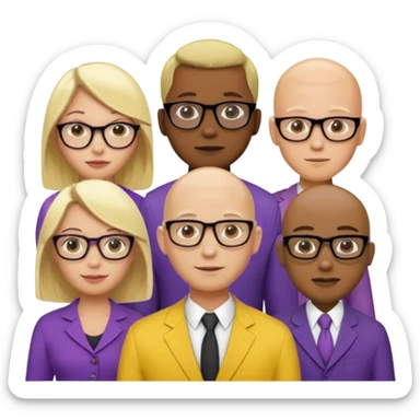 FIVE person team; 2 men and 3 women.  All dressed in yellow or purple.  Women have blonde and ash blonde hair.  1 man is black and bald, 1 man is caucasian and very little hair left.  All have glasses sticker