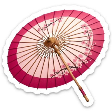 Sakura-themed Japanese wagasa parasol, pink and red washi paper, cherry blossom patterns, delicate floral design, bamboo frame, traditional Japanese style, aesthetic, elegant, no humans sticker