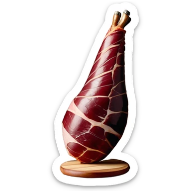 _cinematic-realistic-spanish-ham-leg,-depicted-as-a-massive,-cured-leg-of-jamón-serrano-(ham)-with-a-deep-reddish-brown-hue on the outside,-intricately-marbled-and-slightly-glossy-with-age,-elegantly-displayed-on-a-rustic-wooden-stand-and-bathed-in-warm - jamon prosciutto sticker