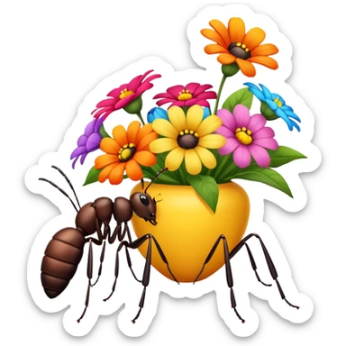 a table with a bouquet of flowers on top and an ant underneath sticker