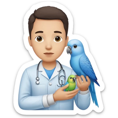 Armando with one sick blue parakeet visiting the Vet sticker
