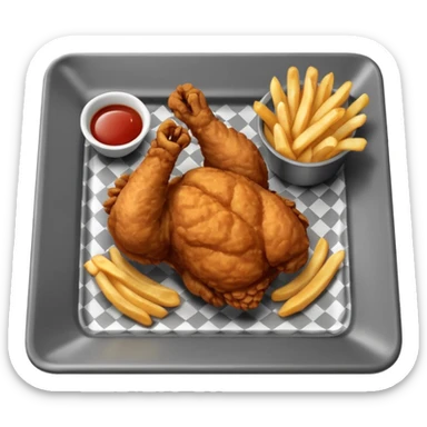 Fried chicken with fries in a grey rectangle plate with paper black and white  sticker
