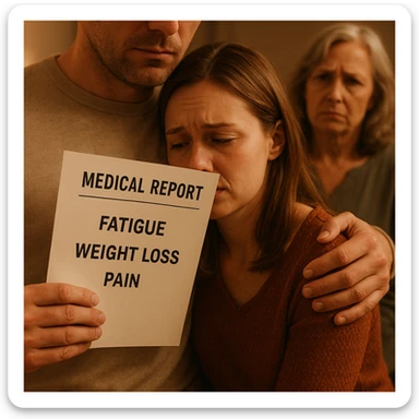 Close-up of the man's hand holding medical reports labeled with symptoms, his other arm gently around his wife's shoulders, the mother-in-law in the background with a doubtful expression. sticker