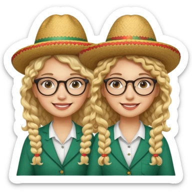 2 blonde girls, one with curly hair and glasses and the other with straight hair and glasses. both wearing Mexican hats sticker