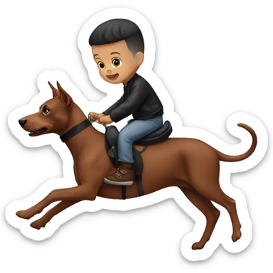 A bald newborn baby boy riding a Doberman like a horse sticker