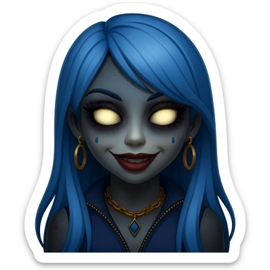 Make the character look creepy while keeping the gyaru style, blue hair, pretty makeup, and bratz baddie vibe. The style should resemble emoji style with no background. sticker