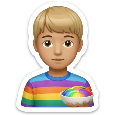 Teenage boy wearing a rainbow shirt and has a bowl cut sticker