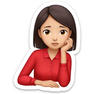 Asian woman wearing red blouse feeling worried while resting her chin on her right hand sticker