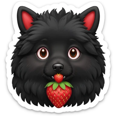 A black fluffy dog with a strawberry sticker