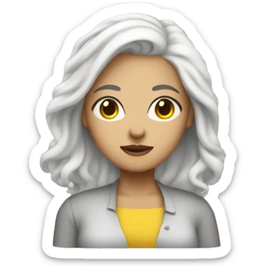 woman behind a mac, with white hair, two brown eyes, yellow skin sticker