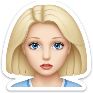 Bonnie Blue Porträt einer jungen Frau mit ovalem Gesicht, großen hellblauen Augen, langen Wimpern und geschwungenen Augenbrauen. Gerade, feine Nase und volle Lippen mit sichtbarem Lächeln. Glatte, leicht gebräunte Haut mit natürlichem Glow. Schulterlanges, blondes Haar mit Locken und Mittelscheitel sticker