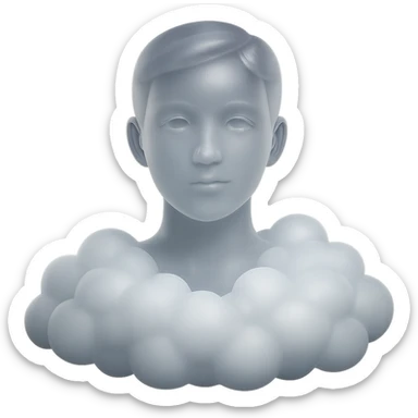 person looking straight ahead, shoulders immersed in fluffy, voluminous white clouds, matte glass style, focus on volume of clouds, no background sticker