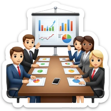 boardroom meeting with people presenting charts on a large table sticker