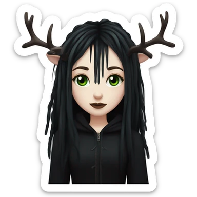 gothic girl, pale skin, green eyes, black dreads, bangs, black clothes, eyeliner, deer antlers  sticker