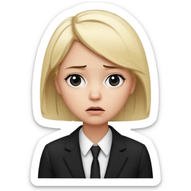 a office woman disappointed and scared now after getting yelled at, short blonde hair with black and white suit sticker