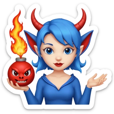 Female devil Cute blue imp holding fireball,  cute face, half body sticker