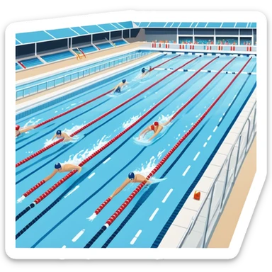An icon featuring an Olympic swimming pool with multiple lanes and swimmers racing side by side. Splashes and lane dividers highlight the competition atmosphere. Transparent background emphasizes the energy, speed, and intensity of professional swimming events. sticker
