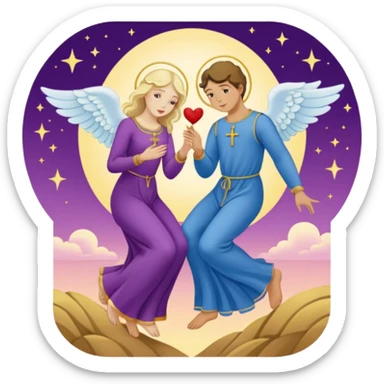 The Lovers tarot card emoji, inspired by Rider Waite Smith deck, two figures with angel above, concise, colorful sticker