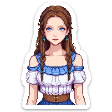 Icon of a beautiful girl with long brown hair, blue eyes, and a nice hairstyle, wearing a nice top that shows her collarbones sticker