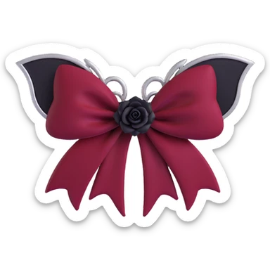 gothic bow, deep crimson velvet, silver bat charm, black rose center, rich and gothic sticker