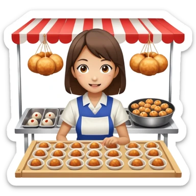 Japanese high school girl at cultural festival running food stall with takoyaki sticker