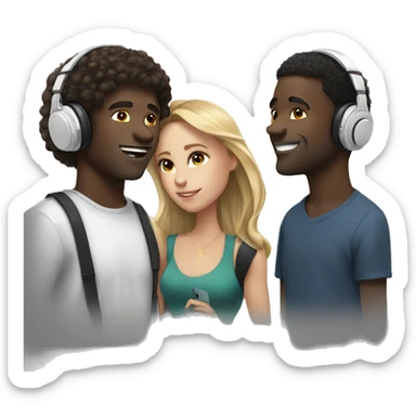 2 black guys and 1 white girl with headphones listening to music  sticker