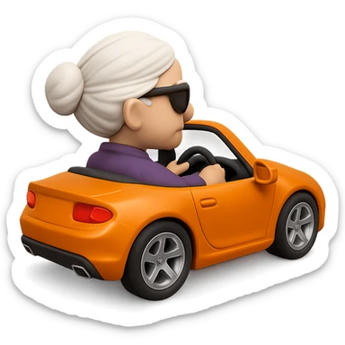 Show the old lady with white hair in the orange sports car from a rear angle, in 3D emoji style, realistic, wearing sunglasses, no background. The style should resemble Microsoft style 3D fluent emojis with realistic details and no background. sticker