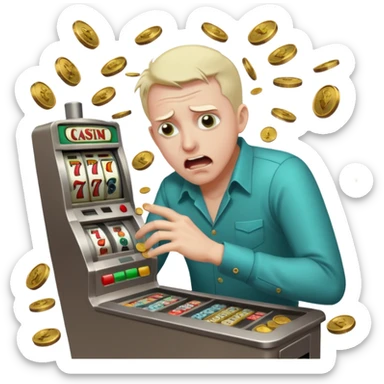 crazed man frantically scraping a casino slot machine, losing all his money, wild expression, coins spilling out sticker
