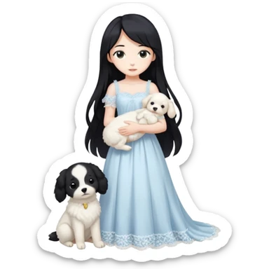 Pastel anime lady long hair with long lace dress full body holding puppy aesthetic background sticker