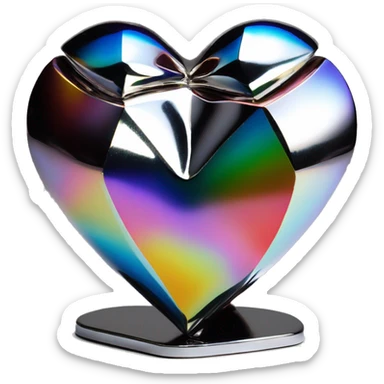 symbolic heart chrome sculpture symbolizing chromatic light with a geometric, faceted design. The heart is standing upright with angular and baroque features. The vibrant rainbow of colors highlights the sharp edges and planes.  sticker