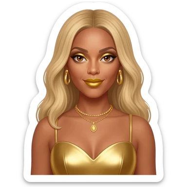 Beyonce with hazel brown eyes, long blonde hair, gold eyeshadow, gold lipstick, gold metallic sweetheart dress, gold necklace and earrings sticker
