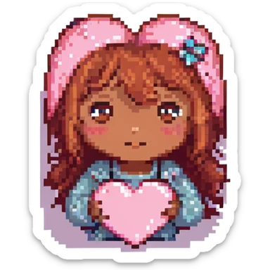pixel art of a pink heart with a girl with red hair, brown eyes, brown skin peeking from behind the heart sticker