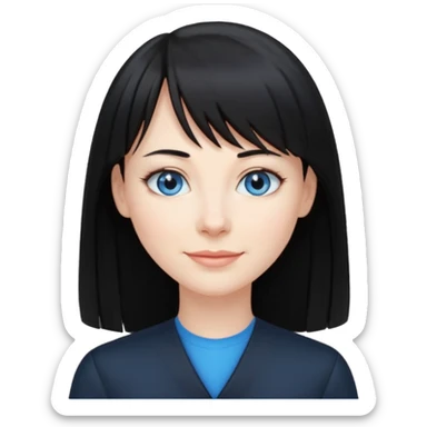 40 yr old woman long straight black hair, pale skin, blue eyes, black clothes, small smile, bangs sticker