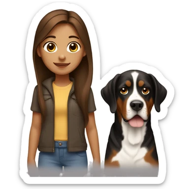 girl with long brown hair holding a greater swiss mountain dog sticker