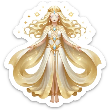fullbody universe goddess Sophia, Ethereal Light Being, Made of starlight and fractals, Glowing white/gold skin with flowing translucent robes, Hair like galaxy mist, Jewelry made of stars and crystals sticker