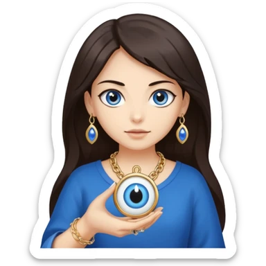 A girl with dark brown hair is holding a huge evil eye amulet in her hand. sticker