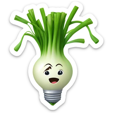 Smiling green onion with a bundle of long, thin green stalks as hair, big expressive eyes, and a cheerful cartoonish face on the white bulb section. Vibrant and playful design. sticker